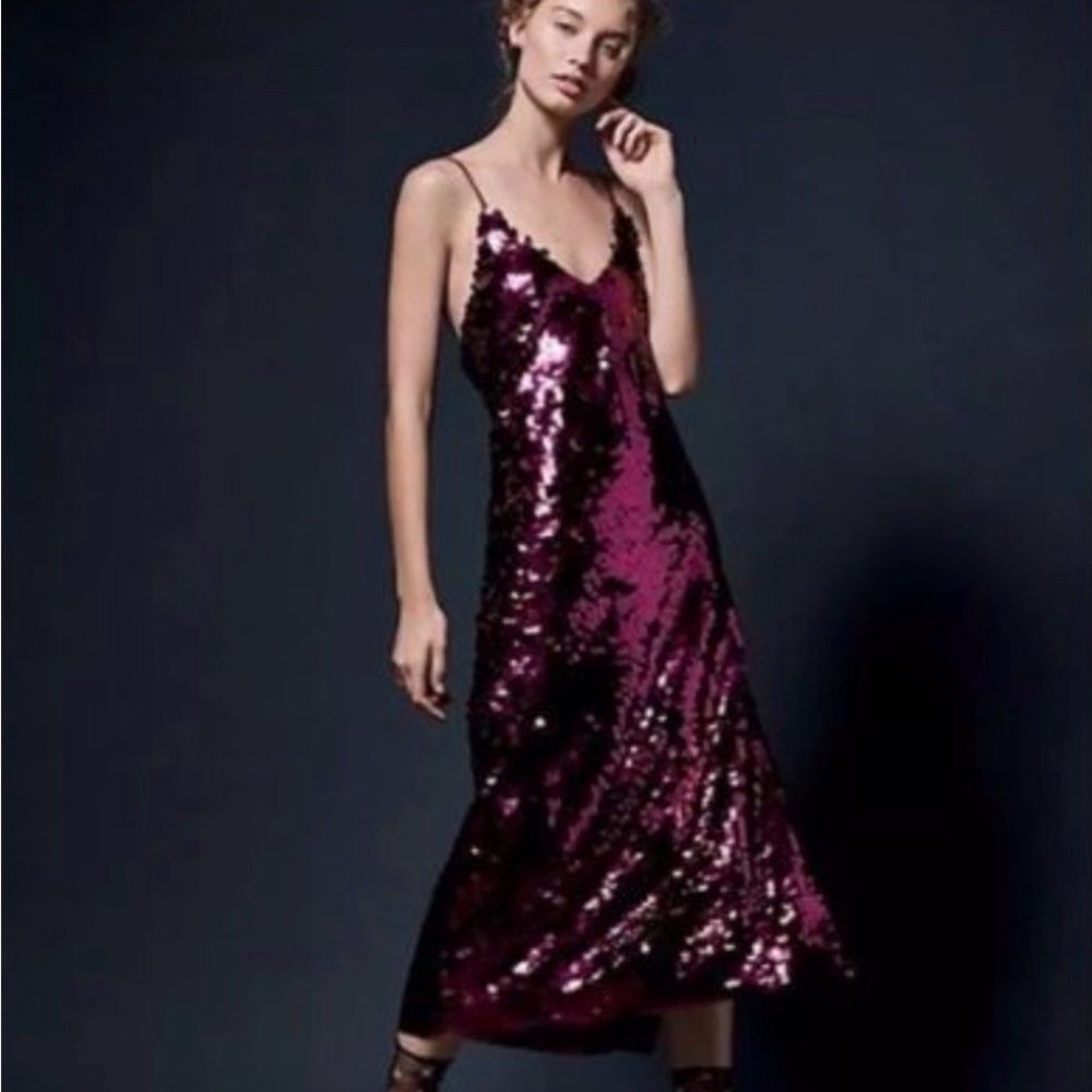 Free People Paillette Party Midi/Maxi Slip Dress Burgundy Big Sequins XS NWOT